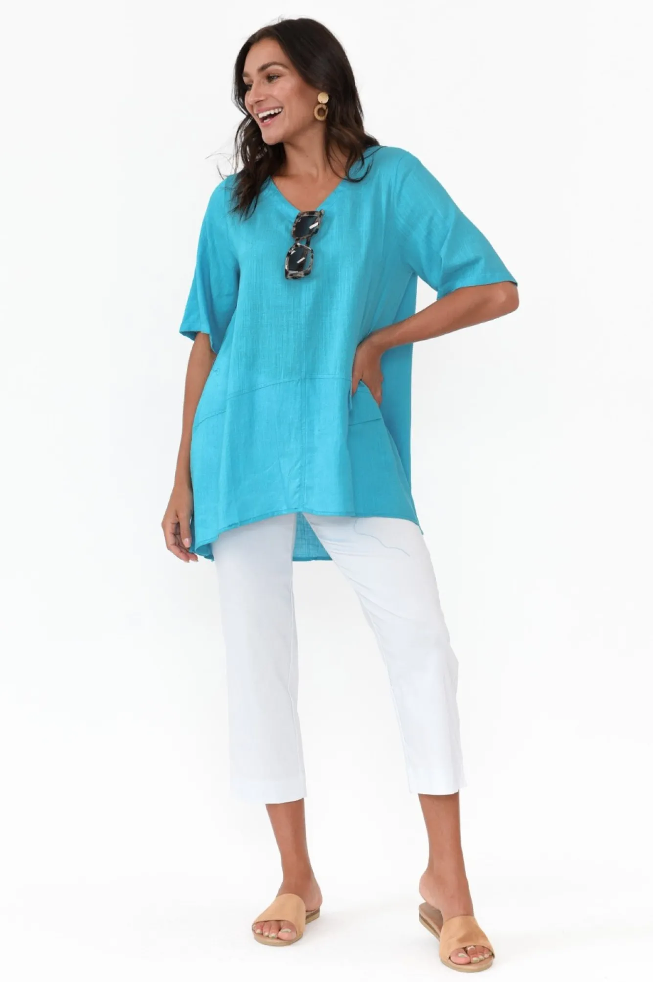 Linen Tops<Ruby Rain Neptune Aqua Linen Cotton Top