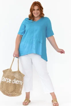 Linen Tops<Ruby Rain Neptune Aqua Linen Cotton Top