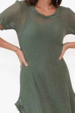 Cotton Dresses<Donna Donna Nessy Khaki Cotton Woven Frayed Dress