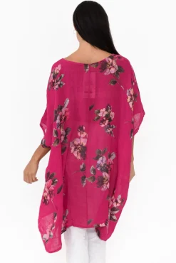 Linen Tops<Donna Donna Noemi Hot Pink Floral Linen Kaftan Tunic