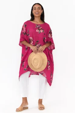 Linen Tops<Donna Donna Noemi Hot Pink Floral Linen Kaftan Tunic
