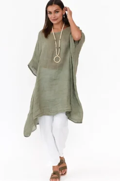 Linen Tops<Donna Donna Noemi Khaki Linen Kaftan Tunic