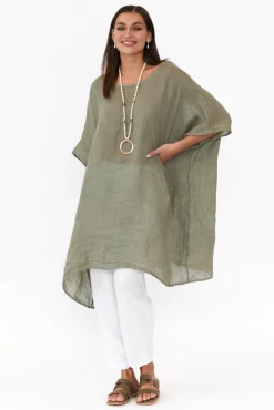 Linen Tops<Donna Donna Noemi Khaki Linen Kaftan Tunic