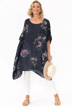 Linen Tops<Donna Donna Noemi Navy Floral Linen Kaftan Tunic