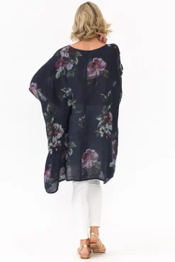Linen Tops<Donna Donna Noemi Navy Floral Linen Kaftan Tunic