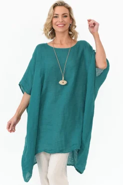 Tunic Tops<Donna Donna Noemi Teal Linen Kaftan Tunic