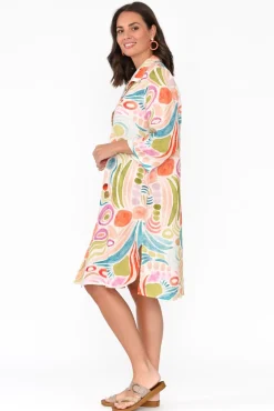 Linen Dresses<Donna Donna Noumea Green Abstract Linen Dress