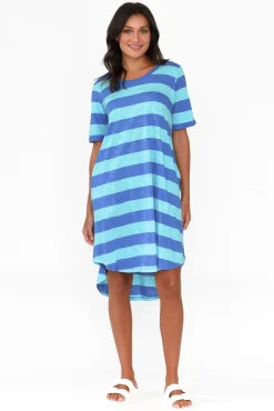 Cotton Dresses<Betty Basics Nyree Aqua Stripe Hi Lo Cotton Dress