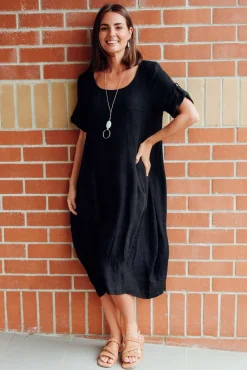 Linen Dresses<Cali and Co Oriana Black Sleeved Linen Dress