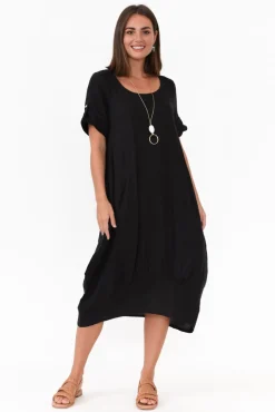 Linen Dresses<Cali and Co Oriana Black Sleeved Linen Dress