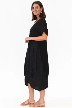 Linen Dresses<Cali and Co Oriana Black Sleeved Linen Dress