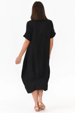 Linen Dresses<Cali and Co Oriana Black Sleeved Linen Dress