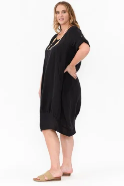 Linen Dresses<Cali and Co Oriana Black Sleeved Linen Dress