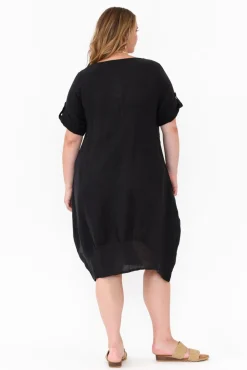 Linen Dresses<Cali and Co Oriana Black Sleeved Linen Dress