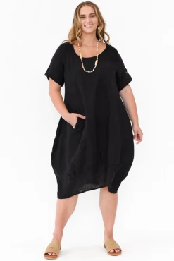 Linen Dresses<Cali and Co Oriana Black Sleeved Linen Dress