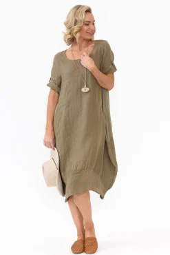 Linen Dresses<Cali and Co Oriana Khaki Sleeved Linen Dress