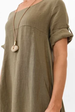 Linen Dresses<Cali and Co Oriana Khaki Sleeved Linen Dress