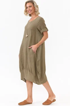 Linen Dresses<Cali and Co Oriana Khaki Sleeved Linen Dress