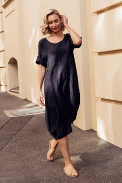 Linen Dresses<Cali and Co Oriana Navy Sleeved Linen Dress