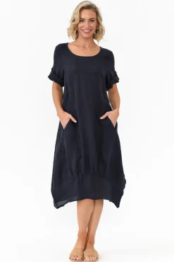 Linen Dresses<Cali and Co Oriana Navy Sleeved Linen Dress