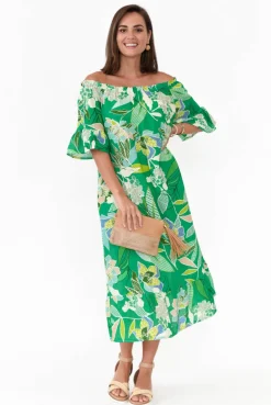 Cotton Dresses<Rosa Jojo Ornella Green Tropical Linen Cotton Dress