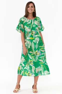 Cotton Dresses<Rosa Jojo Ornella Green Tropical Linen Cotton Dress