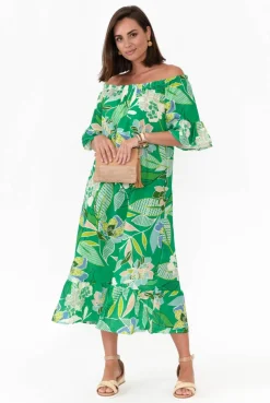 Cotton Dresses<Rosa Jojo Ornella Green Tropical Linen Cotton Dress