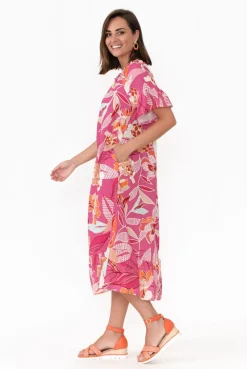 Cotton Dresses<Rosa Jojo Ornella Pink Tropical Linen Cotton Dress