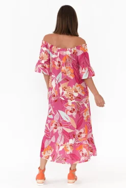 Cotton Dresses<Rosa Jojo Ornella Pink Tropical Linen Cotton Dress