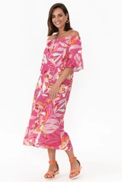 Cotton Dresses<Rosa Jojo Ornella Pink Tropical Linen Cotton Dress
