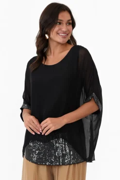 Sleeved Tops<La Strada Parker Black Silk Sequin Top