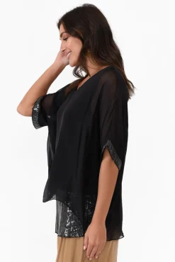 Sleeved Tops<La Strada Parker Black Silk Sequin Top