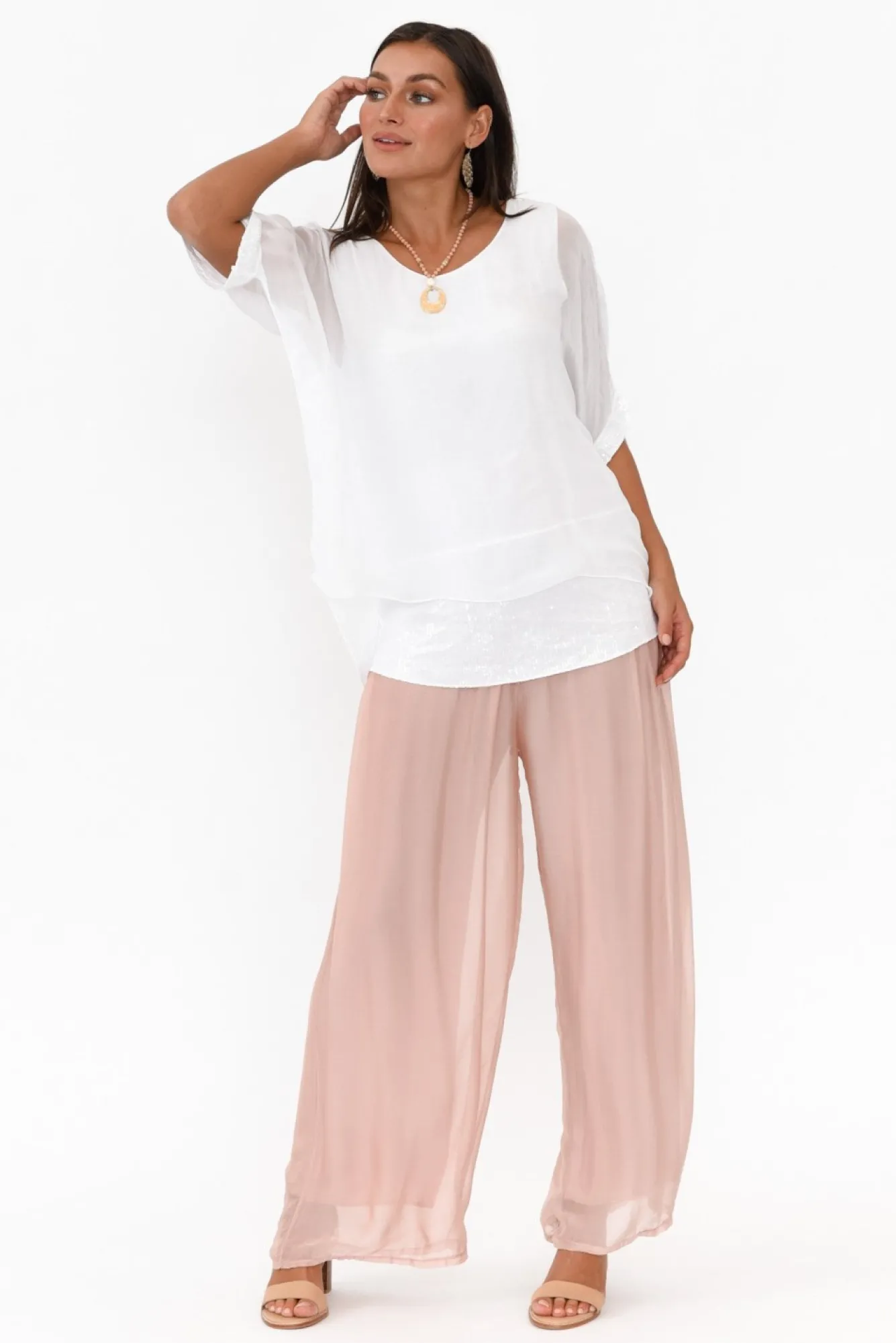 Sleeved Tops<La Strada Parker White Silk Sequin Top