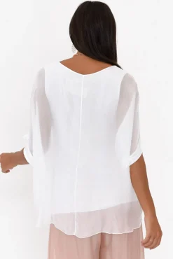 Sleeved Tops<La Strada Parker White Silk Sequin Top