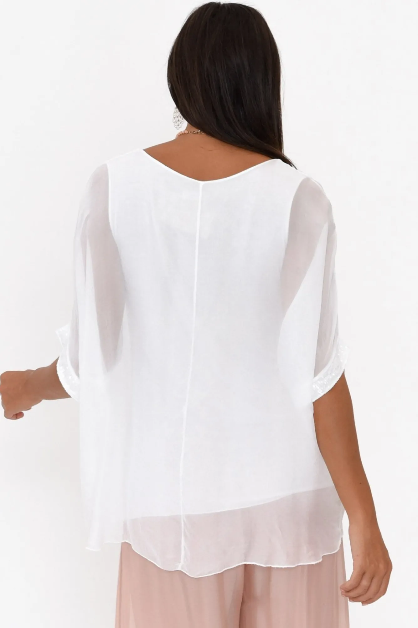 Sleeved Tops<La Strada Parker White Silk Sequin Top