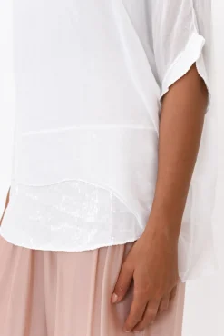 Sleeved Tops<La Strada Parker White Silk Sequin Top
