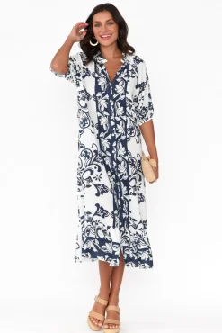 Linen Dresses<La Strada Pascale Navy Floral Linen Cotton Dress