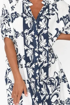 Linen Dresses<La Strada Pascale Navy Floral Linen Cotton Dress