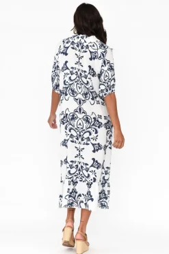 Linen Dresses<La Strada Pascale Navy Floral Linen Cotton Dress