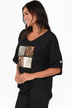 Linen Tops<La Strada Pavla Black Leopard Linen V Neck Top