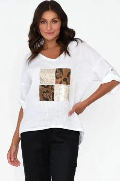 Linen Tops<La Strada Pavla White Leopard Linen V Neck Top