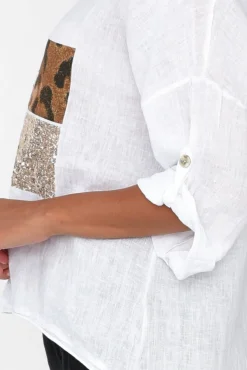 Linen Tops<La Strada Pavla White Leopard Linen V Neck Top