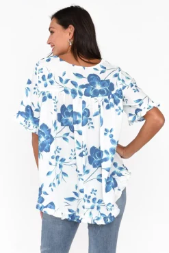 Sleeved Tops<Willow Tree Perrin Blue Floral Ruffle Top