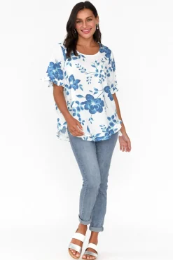 Sleeved Tops<Willow Tree Perrin Blue Floral Ruffle Top