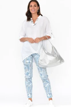 Linen Tops<La Strada Pierce White Foil Linen V Neck Top