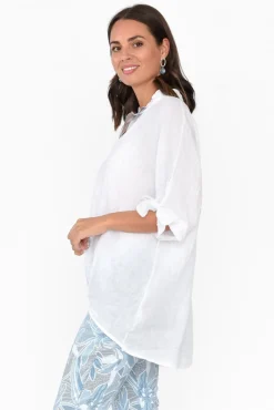Linen Tops<La Strada Pierce White Foil Linen V Neck Top