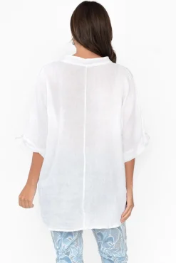 Linen Tops<La Strada Pierce White Foil Linen V Neck Top