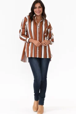 Cotton Tops<365 Days Pilar Tan Stripe Cotton Shirt