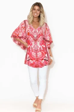 Sleeved Tops<Fashion Spectrum Pink Frangipani Silk Butterfly Top