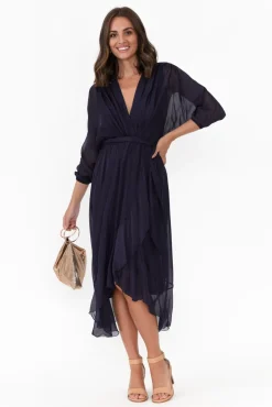 Below Knee Dresses<La Strada Prague Navy Silk Layer Dress